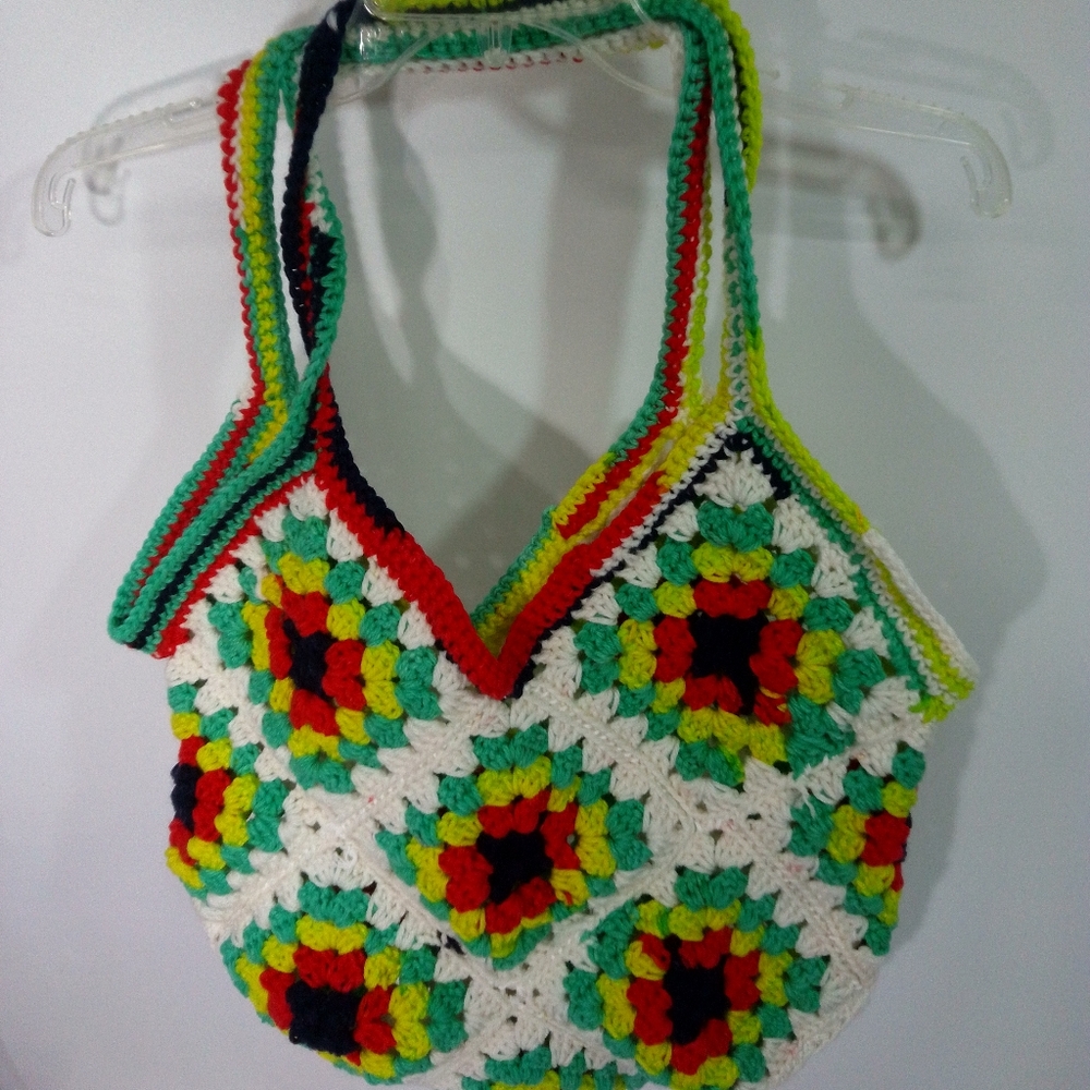 Crochet Handmade Granny Square Handbag Navy Red Yellow Green White Tote Beach